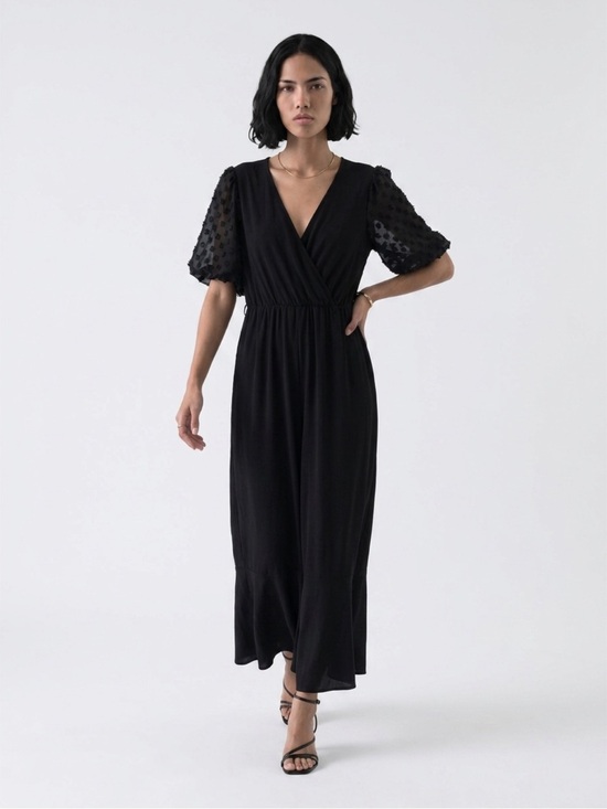 Cato Dresses & Skirts - Cato Black V-Neck Maxi Dress with Puff Dot Sleeves